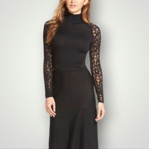 Vince Camuto Dress Womens XS Black Lace Overlay High Neckline Long Sleeves‎ New